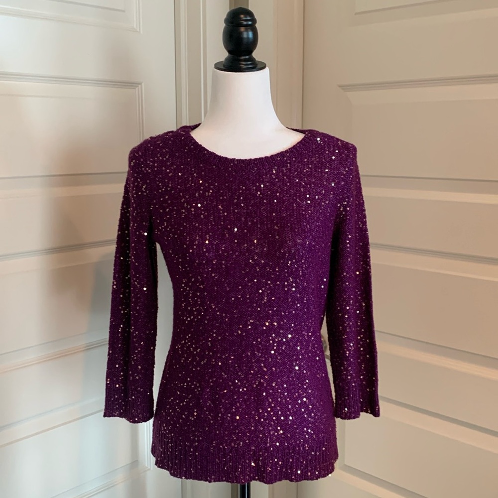 ANNE KLEIN Women’s Purple Sweater with Gold Sequins